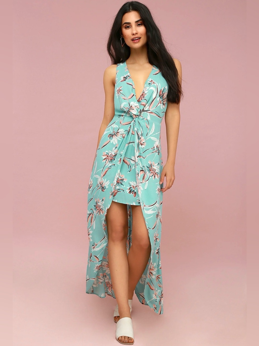 Lulus Glenwood Aqua Floral Print High-Low Maxi Dress